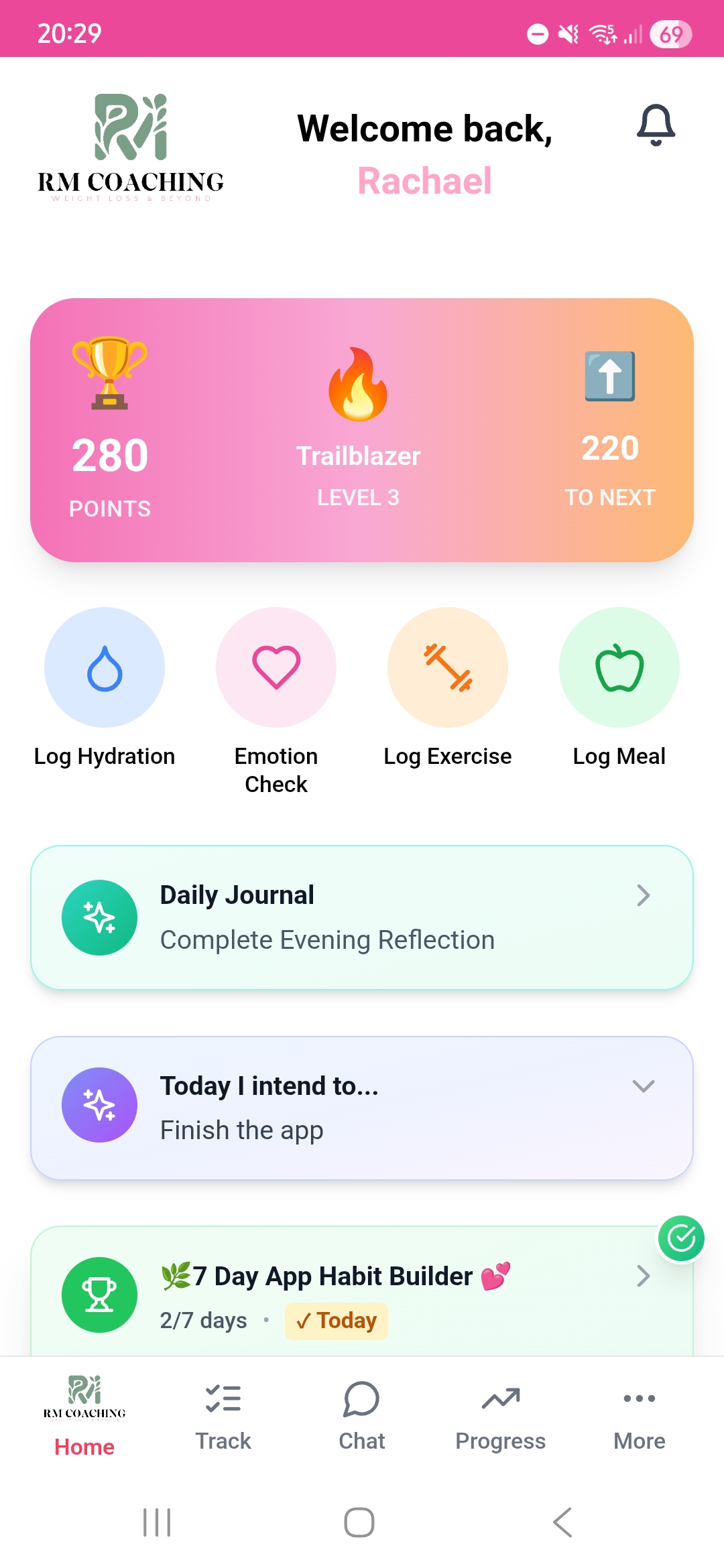 RM Coaching app home dashboard showing daily check-ins