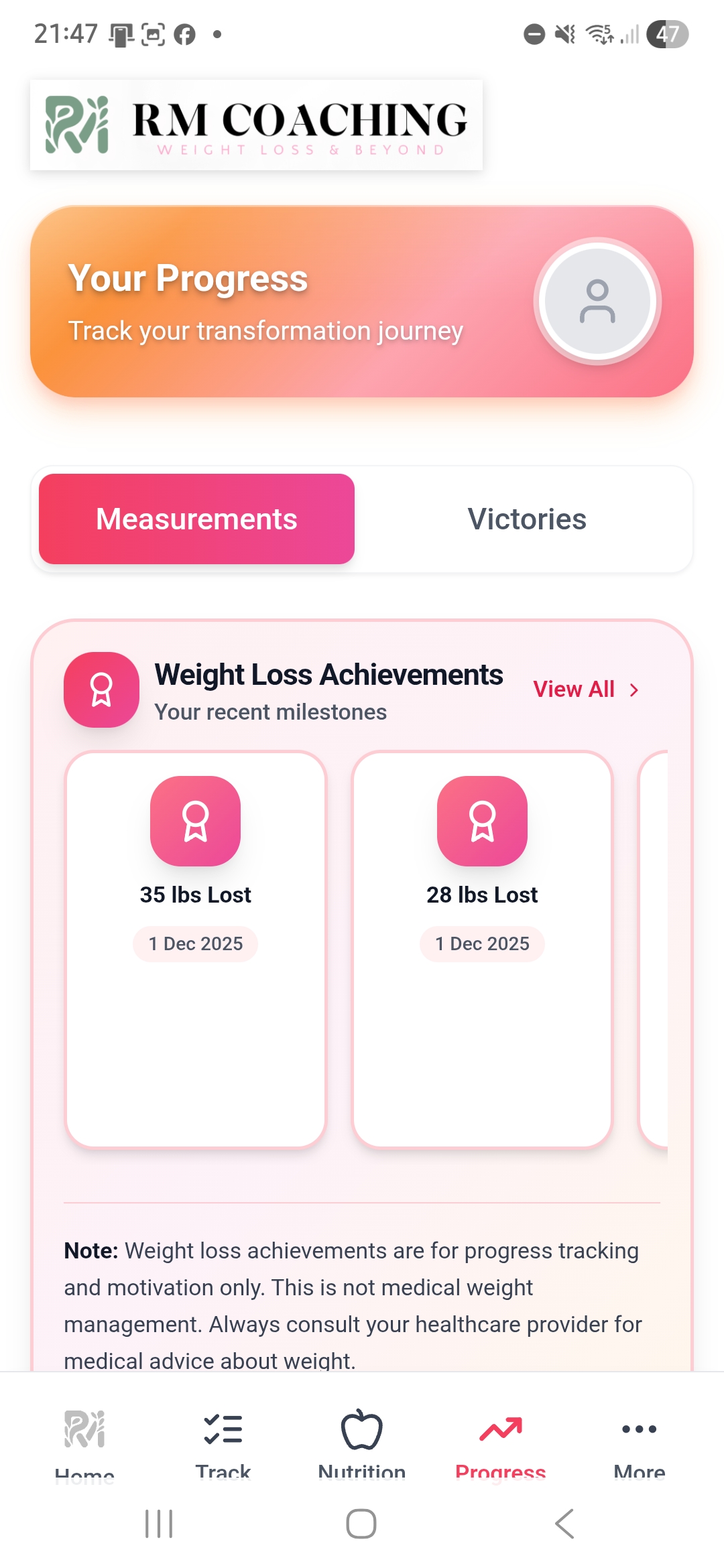 RM Coaching app weekly check-in with coach feedback